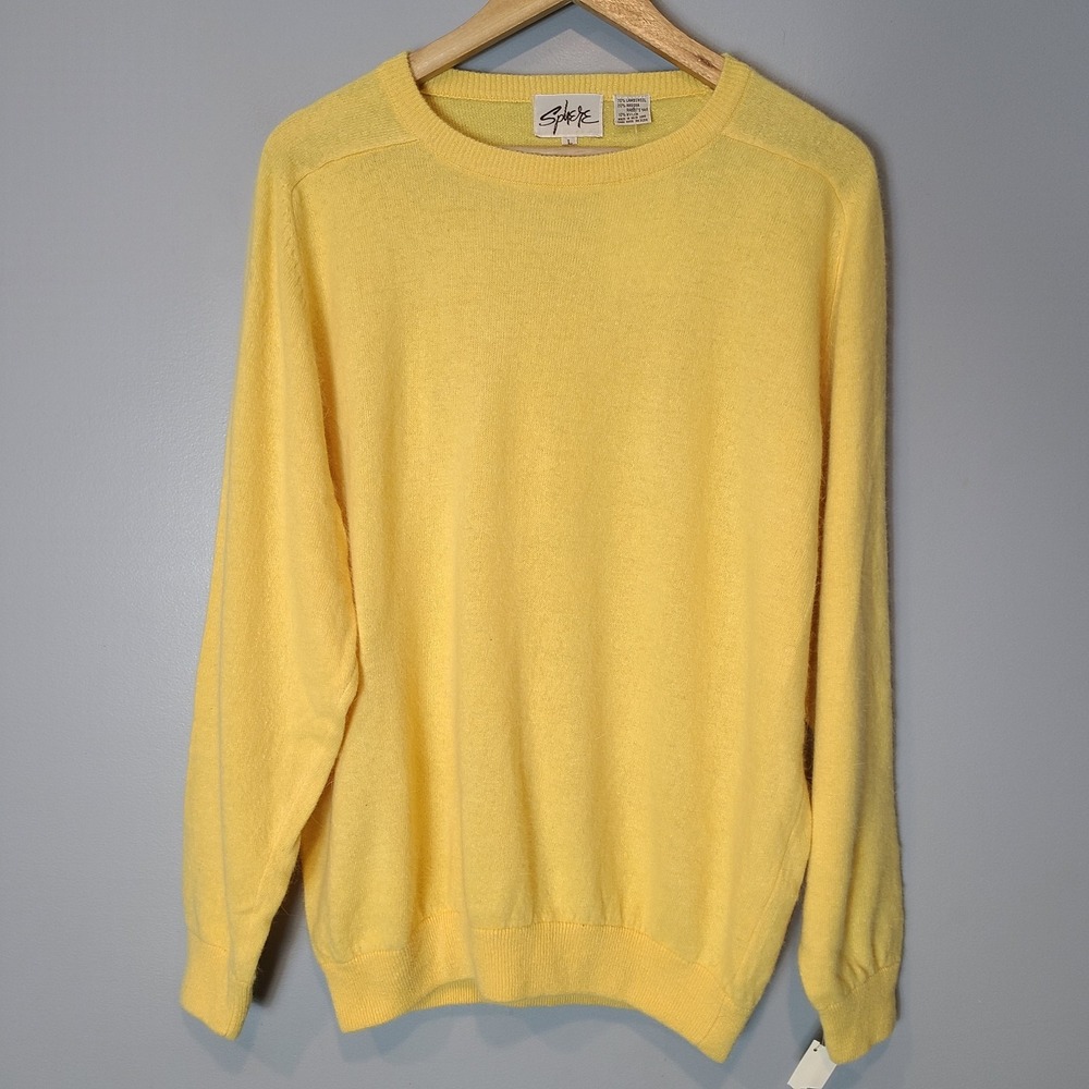 Vintage 90s Lambswool Angora Sweater Womens Large Crewneck New Yellow Old Money
